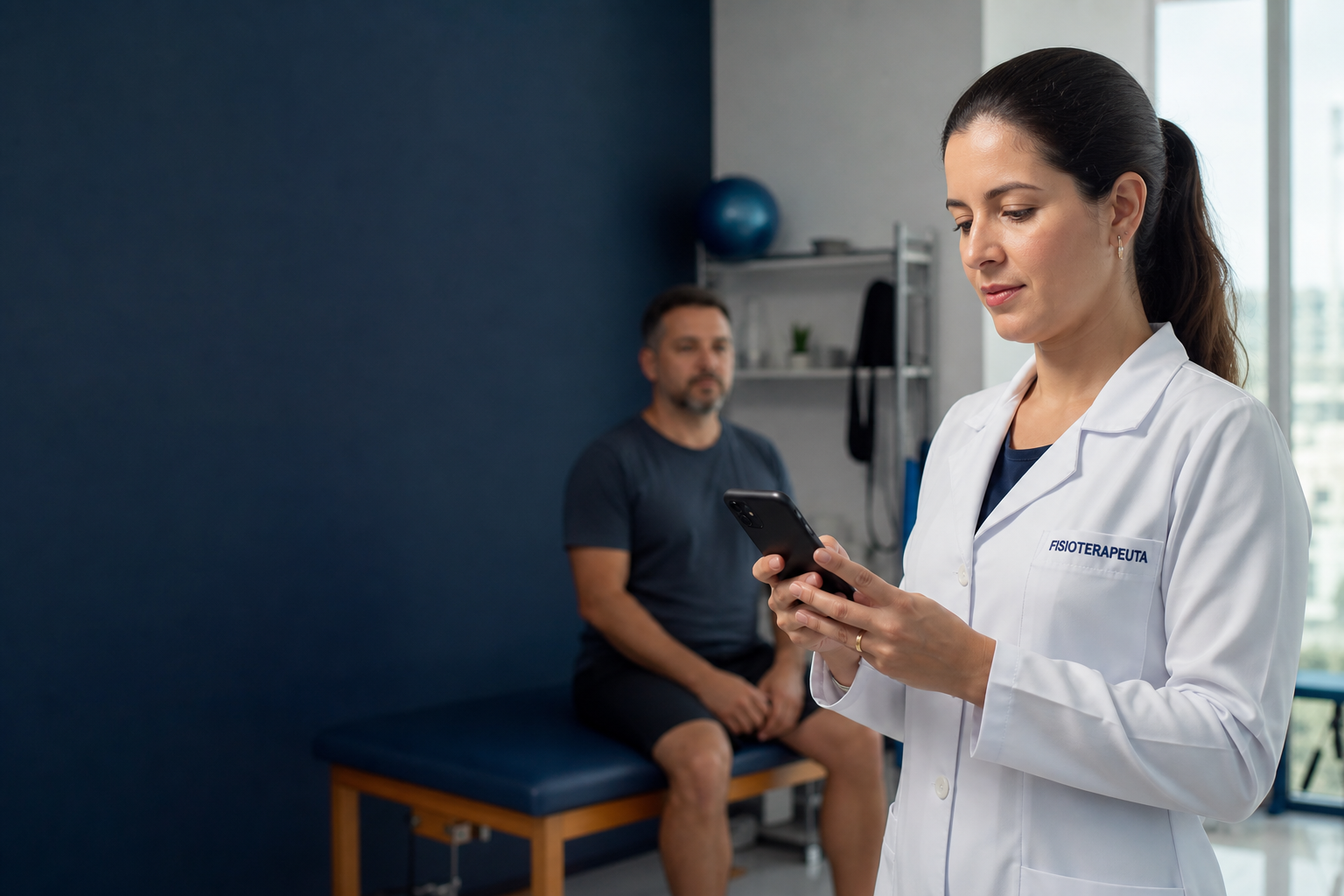 Fisioterapeuta registrando o prontuário no celular durante o atendimento