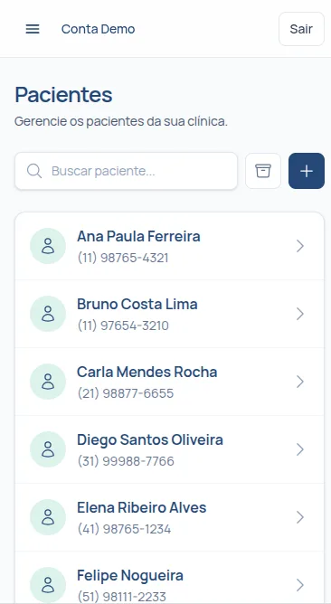 Lista de pacientes do Proton no celular — busca, cadastro e acesso ao prontuário